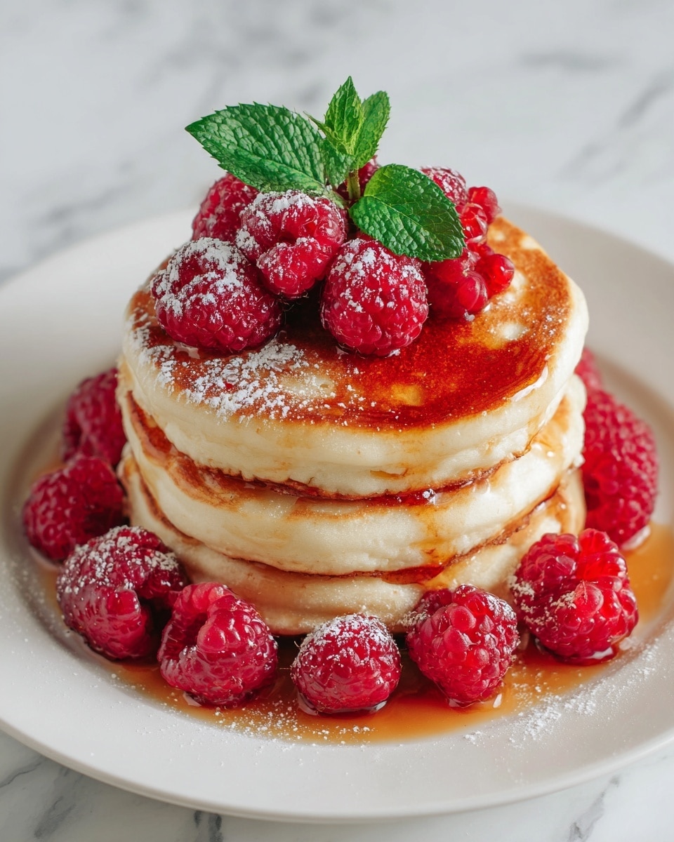 A stack of three thick golden brown pancakes sits on a white plate, each pancake showing a fluffy, soft texture with slightly crispy edges. The top pancake is covered with bright red raspberries and fresh green mint leaves, some dusted lightly with powdered sugar. Red syrup drizzles down the sides of the pancakes, pooling slightly on the plate. More raspberries surround the base of the stack. The plate rests on a white marbled surface. Photo taken with an iphone --ar 4:5 --v 7
