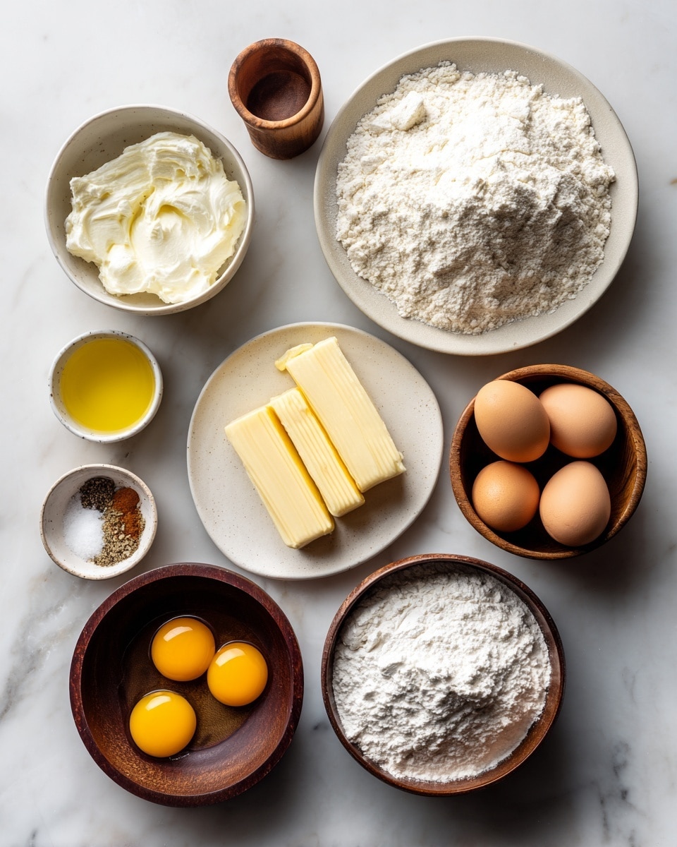 The image shows an arrangement of baking ingredients on a white marbled surface. There is a large pile of white flour at the top right, and below it, a small bowl filled with light yellow butter sticks placed on a white plate. To the left, a bowl of soft white cream or mashed ingredient sits next to a small wooden cup containing a beige liquid. Below these are a small bowl with three bright yellow egg yolks in white liquid and a small wooden bowl with clear golden oil. A medium dark wooden bowl on the right side holds several light brown eggs, with some eggs lying next to it on the marble. Close to the bottom is a dark brown bowl filled with white flour, and next to it is a small ceramic dish containing white salt and brown spices placed side by side. Photo taken with an iphone --ar 4:5 --v 7