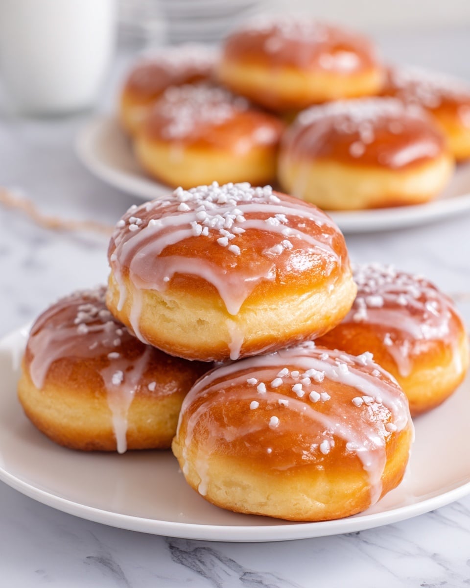 A plate of small golden brown buns is stacked on a round white plate, showing their shiny, smooth tops with a light glaze dripping down the sides. Each bun is topped with scattered white sugar crystals that add texture and sparkle. The buns sit closely together, with soft and slightly fluffy layers visible on the sides. The background is softly blurred with a white marbled texture surface visible at the bottom. The light hits the buns warmly, making them look fresh and inviting photo taken with an iphone --ar 4:5 --v 7