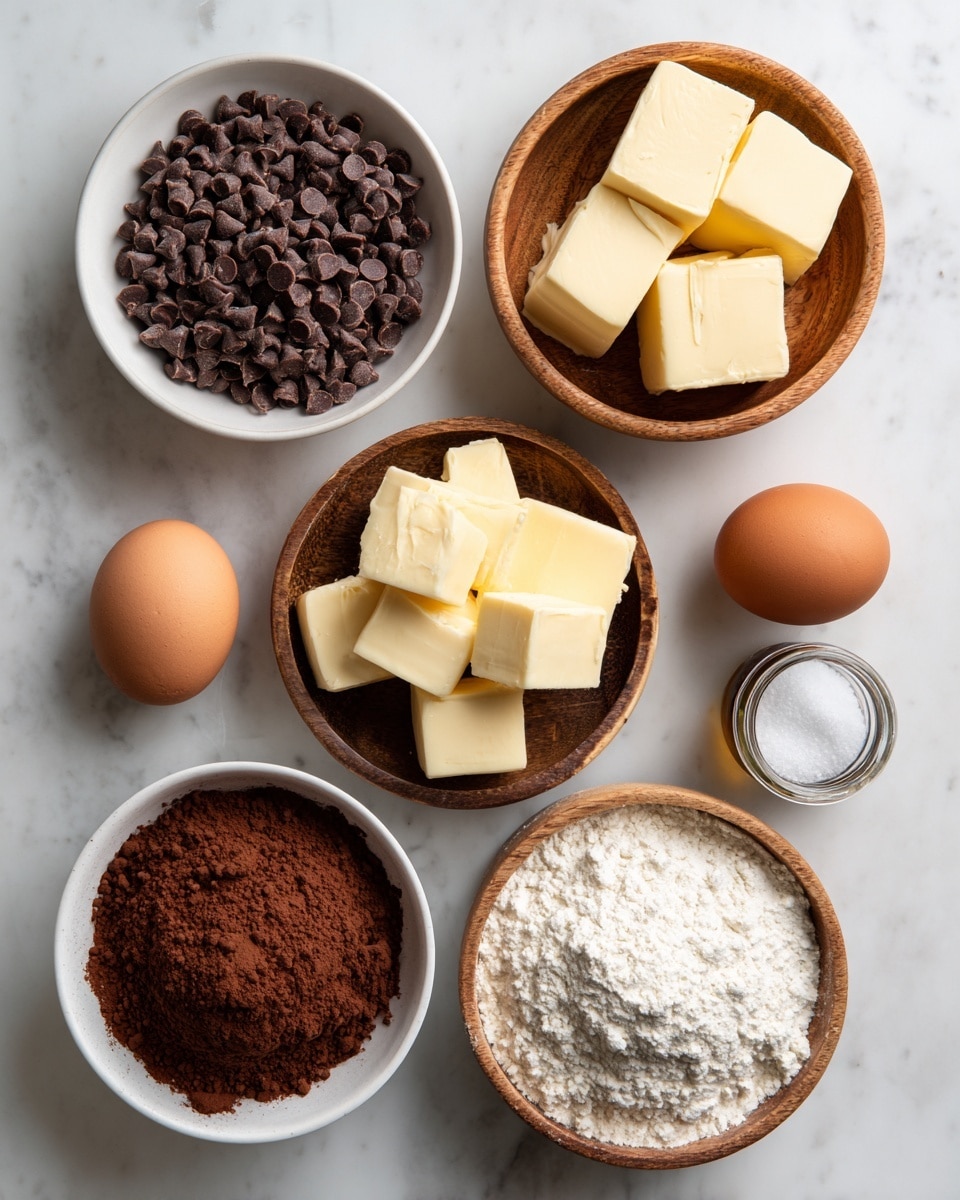 The image shows an overhead view of seven baking ingredients arranged on a white marbled surface. Starting from top left, there is a white bowl filled with small dark brown mini chocolate chips. Next to it on the right are two brown eggs placed side by side. Above and to the right, a wooden bowl contains roughly eight square chunks of pale yellow butter. Below the eggs on the left, another white bowl holds richly colored dark brown Dutch cocoa powder. To the right of that, a wooden bowl is filled with off-white all-purpose flour. Below the flour, another wooden bowl contains a smooth pile of white sugar with a slightly swirled pattern on top. At the bottom right corner, there are two small bottles side by side; the left one is a dark amber bottle labeled vanilla extract, and the right one is a small glass jar with white salt inside. The whole scene is bright and clear, captured on the white marbled surface. photo taken with an iphone --ar 4:5 --v 7