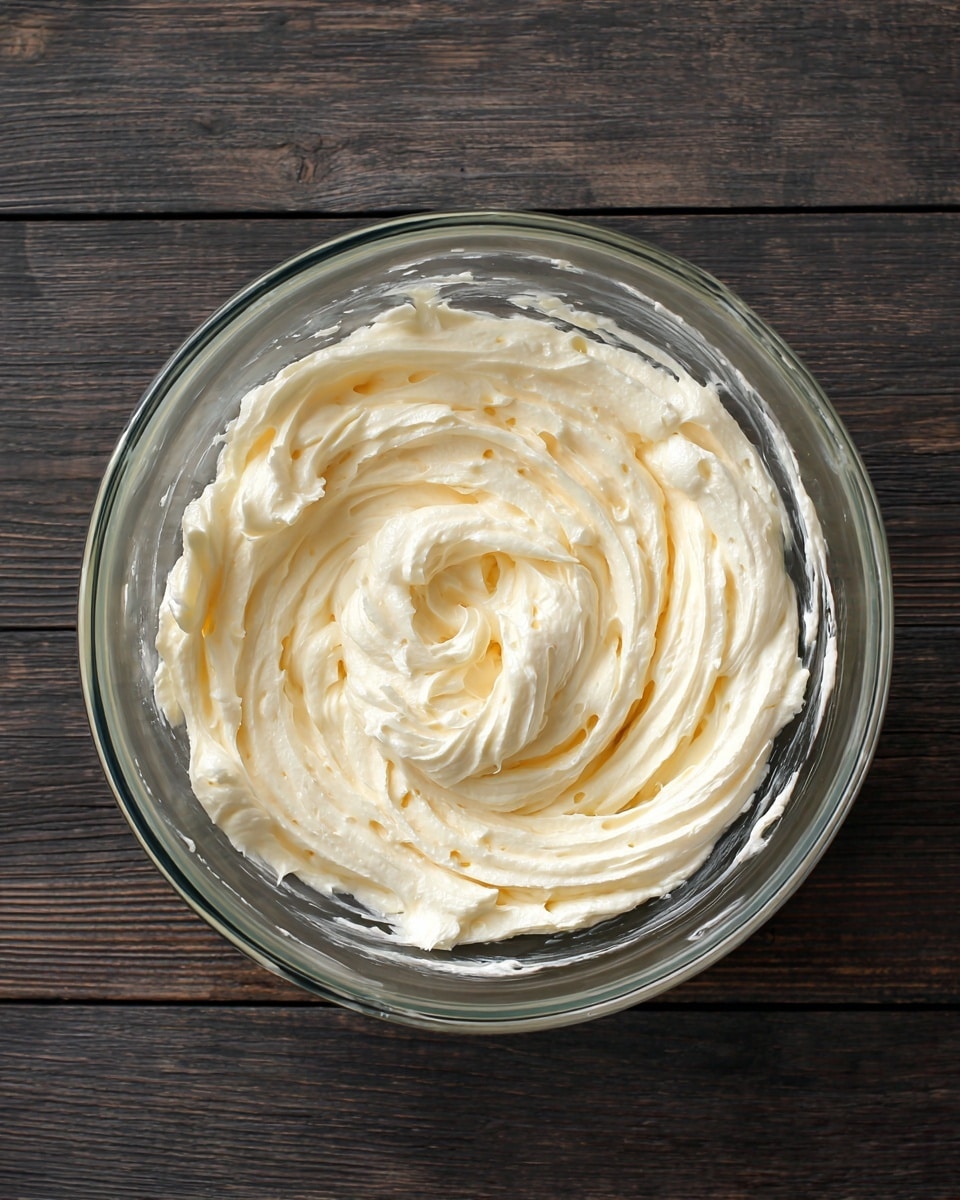 A clear glass bowl filled with smooth, creamy off-white mixture that has been swirled in a circular motion, creating soft peaks and visible textured waves on the surface. The mixture looks light, fluffy, and slightly speckled with tiny darker flecks throughout. The bowl is placed on a dark brown wooden surface with no other items around. photo taken with an iphone --ar 4:5 --v 7