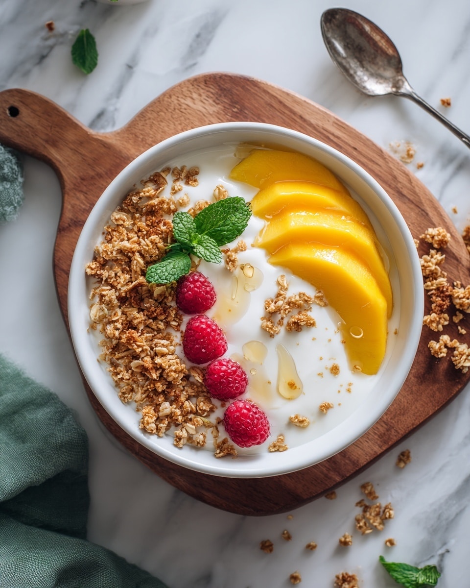 A white bowl filled with three layers, starting with sliced mangoes arranged in a neat curved line on the right, showing a smooth, bright orange texture; next to it, a fluffy white yogurt layer swirled softly in the middle; on top, golden granola sprinkled generously over the yogurt and mangoes, with fresh red raspberries scattered on the granola, and a small green mint leaf placed at the center. Light golden honey drizzles over the yogurt and toppings, adding shine. The bowl sits on a wooden board with a green cloth napkin and a metal spoon nearby, on a white marbled surface photo taken with an iphone --ar 4:5 --v 7