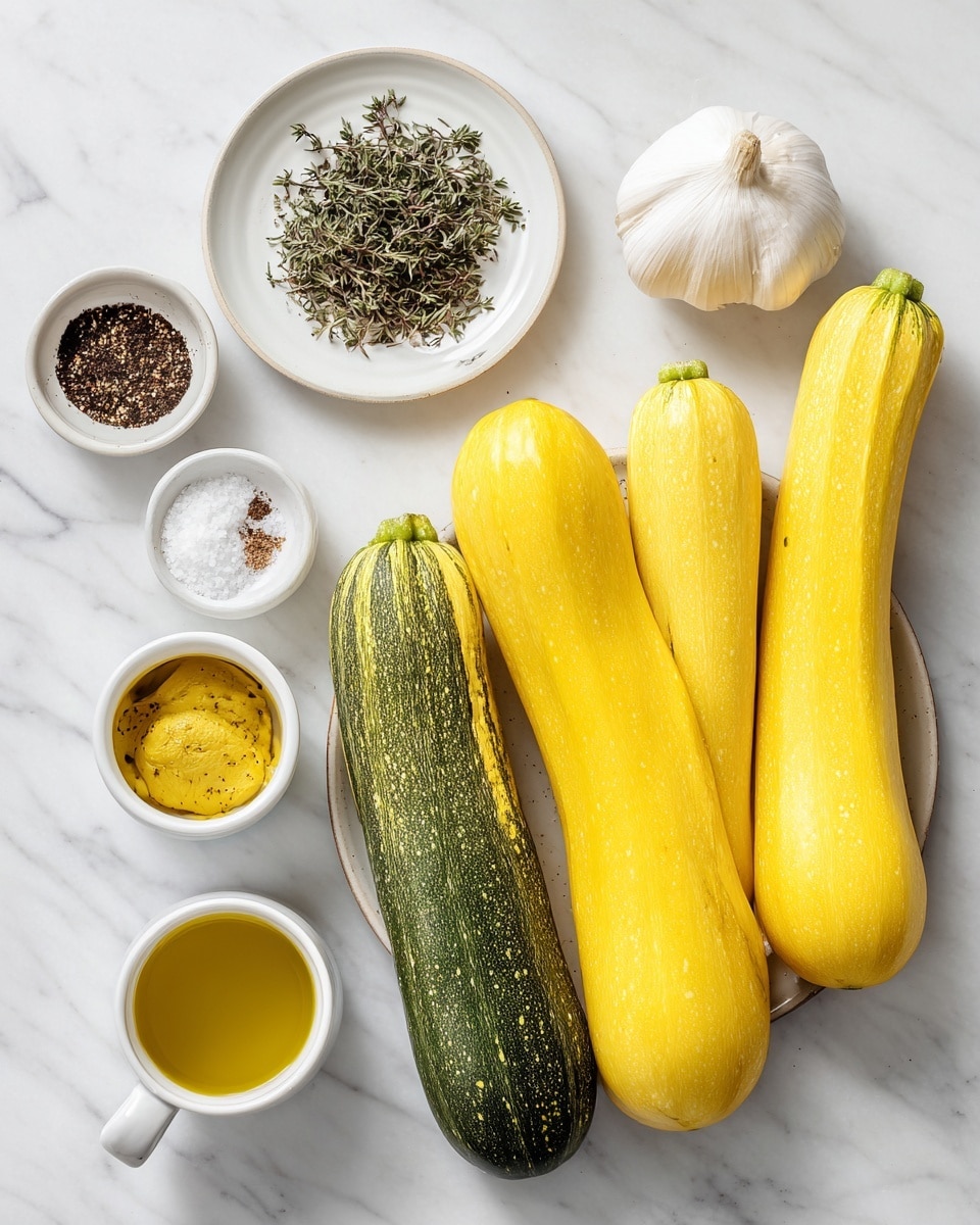 The image shows two yellow squashes and two zucchinis arranged on a white marbled surface. Nearby, there is a head of garlic and a white plate holding three different spices: salt, black pepper, and red pepper flakes. Below, there is a white bowl containing dried thyme and another white bowl filled with Dijon mustard. Near the bottom, a white cup holds olive oil. All ingredients are spaced evenly and clearly labeled with black text in rounded white boxes. The setup is neat and bright, highlighting the fresh colors of the vegetables and the textures of the spices and oil. Photo taken with an iphone --ar 4:5 --v 7
