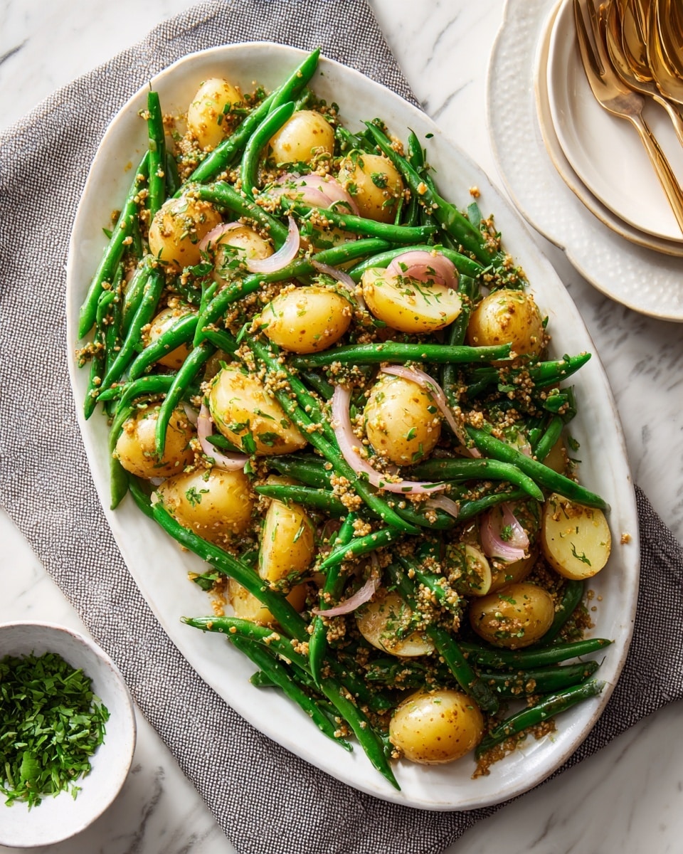 The image shows a white oval plate filled with a salad made of small yellow and red potatoes, some whole and some cut in half, mixed with bright green beans scattered evenly across the dish. Thin slices of light purple onion are mixed throughout, along with tiny green herbs and a grainy mustard dressing sprinkled on top. The plate sits on a gray, textured cloth over a dark wooden table, and a small white bowl filled with chopped green herbs is placed in the background. A set of white plates with silver cutlery is partially visible on the right side, and the whole scene is set against a white marbled surface. photo taken with an iphone --ar 4:5 --v 7