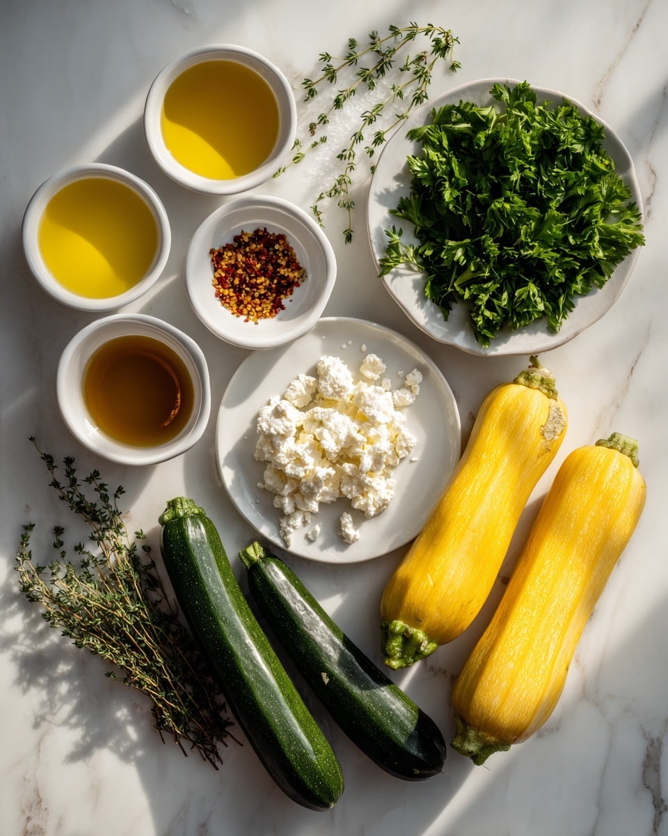The image shows fresh cooking ingredients neatly arranged on a white marbled surface. From left to right, there are several small white bowls containing yellow olive oil, golden butter, light brown chicken stock, and white crumbled feta cheese. A small white plate holds red pepper flakes and white salt. Fresh green parsley leaves fill a white bowl near the top right. At the bottom left, fresh green thyme sprigs rest on the surface. Three long vegetables lie at the bottom right: two dark green zucchinis in the middle and one light yellow squash on the far right. Each item is labeled with simple black text in white boxes placed beside or above them. The lighting is bright and natural, showing the colors and textures clearly. photo taken with an iphone --ar 4:5 --v 7