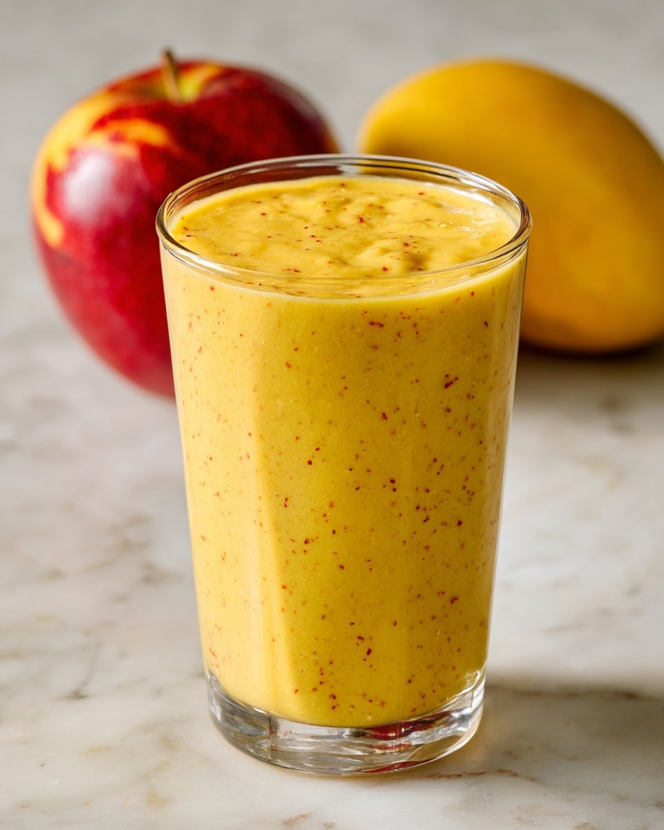 A clear glass filled with a thick yellow mango smoothie with small brown specks inside. Behind the glass, there is a red apple on the left and a ripe mango on the right, both sitting on a white marbled surface. The background is plain and white, making the colors of the smoothie and fruits stand out clearly. The photo is taken with an iphone --ar 4:5 --v 7