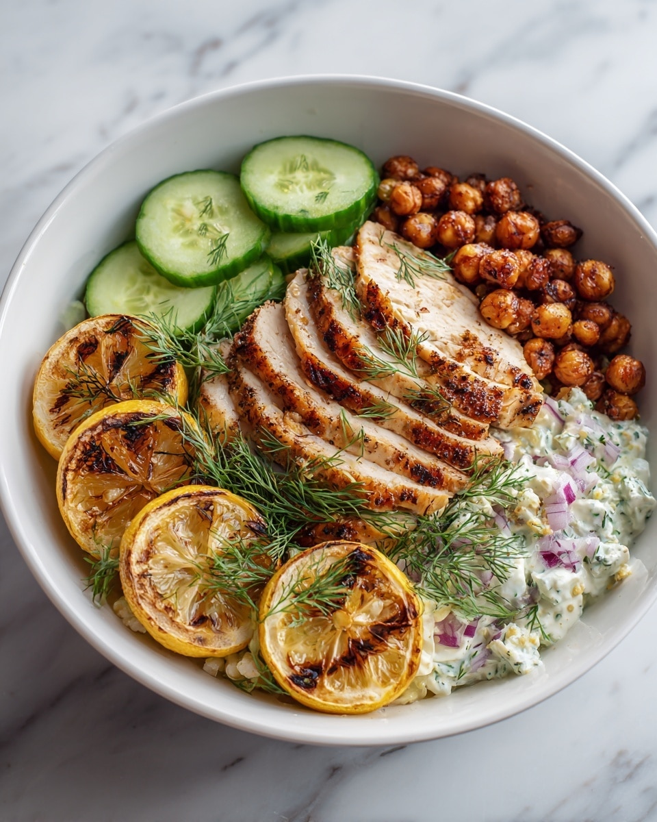A white bowl filled with a cooked dish, starting with a base of white grain or cauliflower rice mixed with herbs and chopped red onion, spread at the bottom. On top, there is a large portion of sliced, grilled chicken with a golden-brown, slightly charred surface, placed in the center. Around the chicken, on the right, there is a layer of light brown cooked chickpeas seasoned with green herbs and spices. On the left side of the bowl, there are three slices of fresh cucumber that are green with a moist texture. In the front, a few yellow lemon slices with a slight browned edge are layered, garnished with fresh green dill sprigs on top and around the chicken. The bowl sits on a white marbled surface. Photo taken with an iphone --ar 4:5 --v 7
