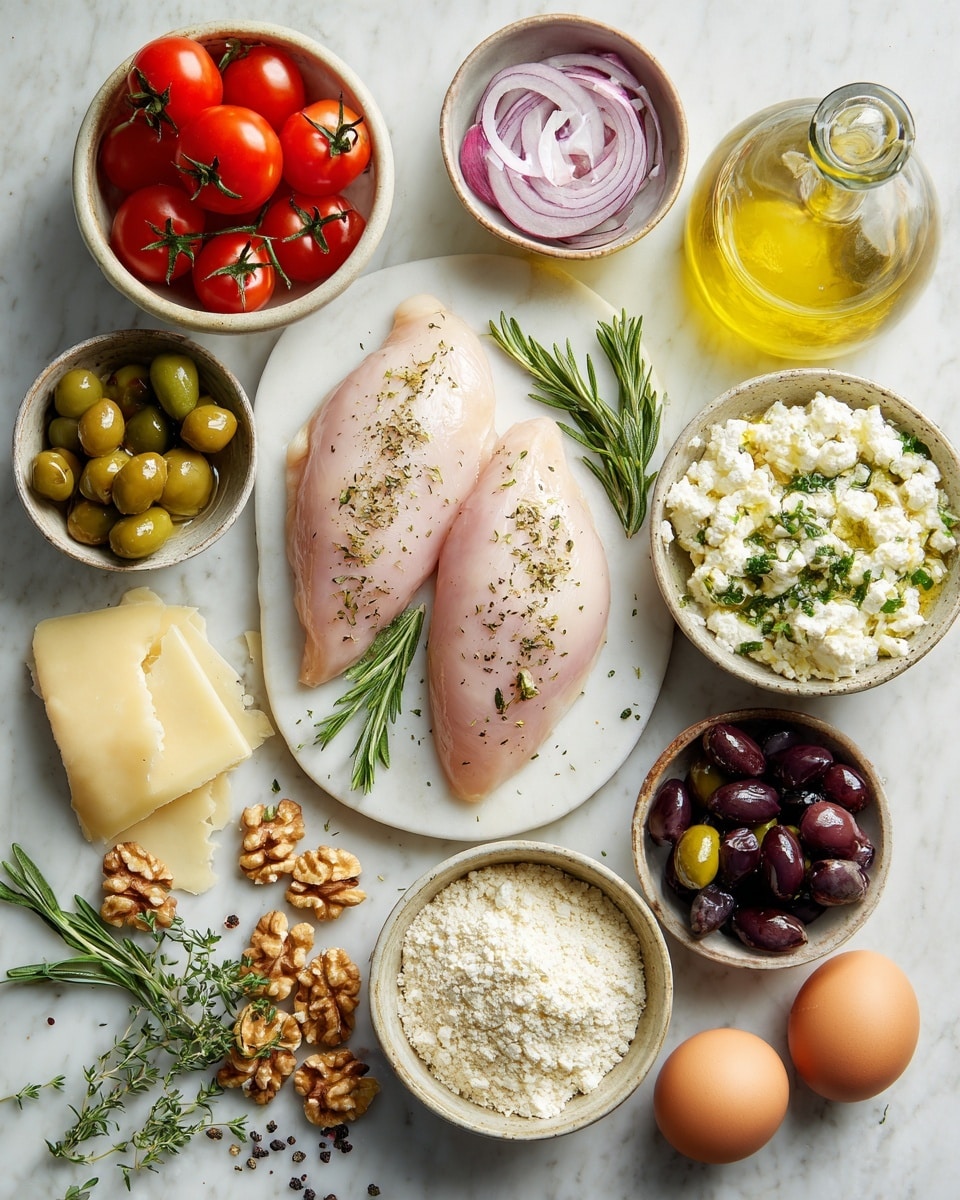 In the center, two smooth raw chicken pieces with a light pink color rest on a white marble board, sprinkled lightly with herbs. Surrounding this board are small bowls and ingredients arranged in a circle on a white marbled surface: at the top left, bright red tomatoes and garlic cloves sit in a small beige bowl, next to thin slices of red onion in another bowl. To the top right, a glass bottle filled with golden yellow olive oil stands beside bowls containing creamy white cottage cheese with green herbs, and a mix of dark olives in black, purple, and reddish tones. On the bottom left, green olives soaking in oil are in a bowl above slices of pale yellow cheese paired with light brown walnuts. Below, white flour fills a bowl next to a bowl of grated pale yellow cheese. Fresh green rosemary and thyme sprigs lie near the lower edge, and on the far right, three light brown eggs rest on the surface, with scattered cracked black pepper adding contrast. Photo taken with an iphone --ar 4:5 --v 7
