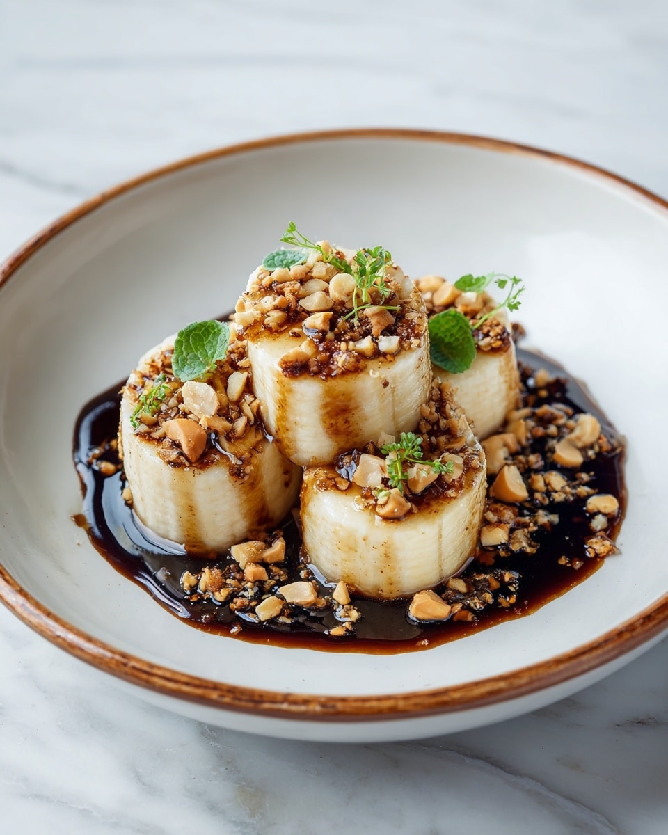 The dish shows three rolled banana slices placed in the center of a white plate with a brown rim, each roll layered with crunchy brown nuts and drizzled with glossy caramel sauce that pools slightly around the rolls. Additional banana slices are partially visible beneath the rolls, adding a light yellow color contrast to the rich brown toppings. Small green herb bits are sprinkled on top, giving a fresh touch. The plate sits on a white marbled surface. photo taken with an iphone --ar 4:5 --v 7
