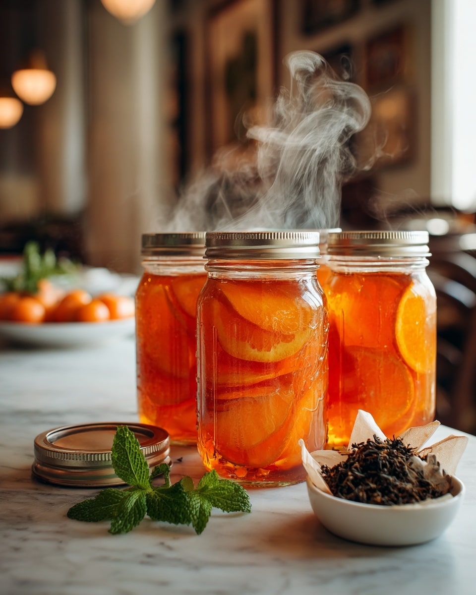 There are four clear glass jars filled with orange-yellow sliced fruit pieces in amber-colored liquid, placed on a white marbled surface. One jar in the front is open with the silver lid lying on the surface beside it. Steam rises gently from the open jar, showing warmth. In front and to the side, there are fresh green mint leaves lying flat on the surface, and a white bowl filled with dried brown herbal pods sits next to the jars. The background is softly blurred with warm indoor lighting, highlighting the jars and their contents photo taken with an iphone --ar 4:5 --v 7