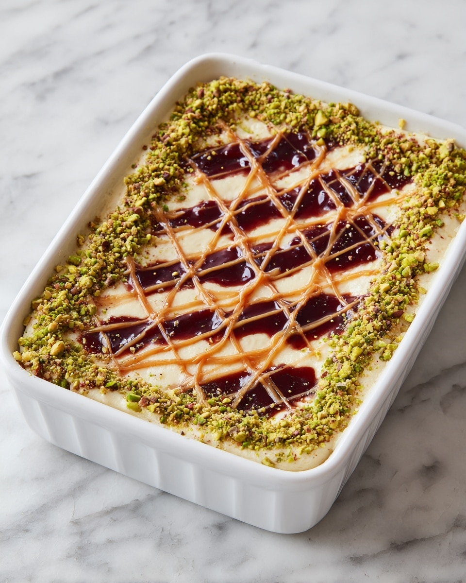 A white rectangular dish holds a dessert with three main layers visible on the surface. The base layer is creamy beige with a smooth texture. On top of this layer, a dark reddish-purple sauce and a light brown sauce are drizzled in a crisscross pattern, creating a diamond-shaped lattice. Around the edge of the dish, there is a thick border of crushed green pistachio nuts, adding texture and color contrast. The dish is placed on a white marbled surface. Photo taken with an iphone --ar 4:5 --v 7