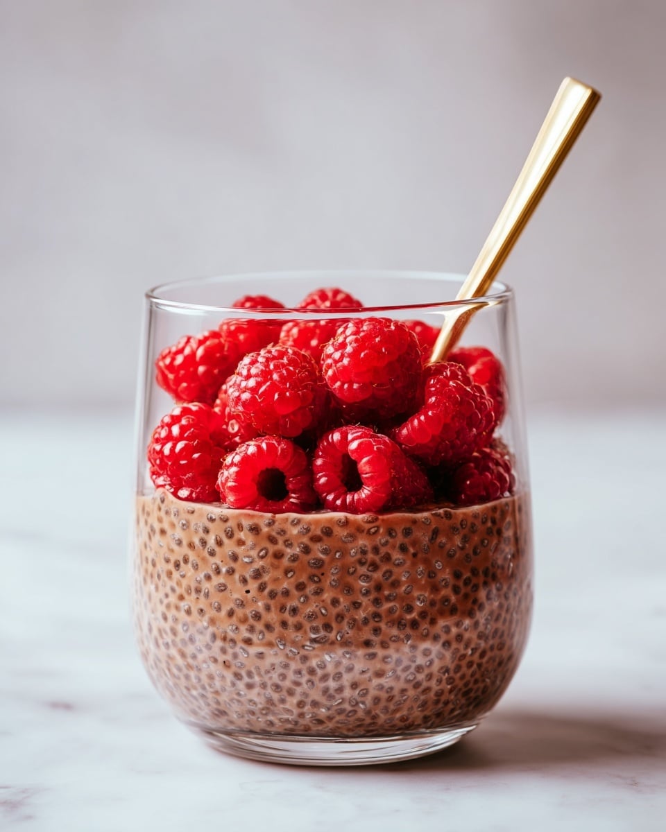 A clear glass cup holds two main layers: the bottom layer is a thick, chocolate-colored chia pudding with small black chia seeds spread evenly throughout, while the top layer is a pile of bright red, plump fresh raspberries sitting atop the pudding. A gold-colored spoon is placed inside the cup, leaning against the glass from the back. The cup sits on a white marbled surface with a tiled white marbled wall in the background. photo taken with an iphone --ar 4:5 --v 7