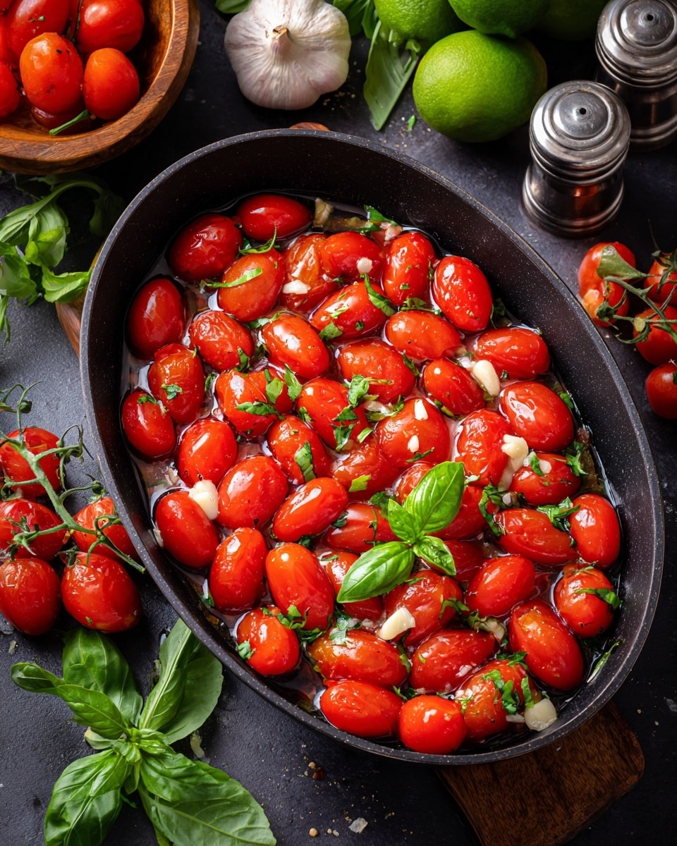 The image shows a black oval pan filled with bright red cherry tomatoes, scattered fresh green basil leaves, and small pieces of chopped garlic at the bottom. The tomatoes are shiny and plump, covering most of the surface of the pan, while the basil leaves sit on top and between the tomatoes, adding a pop of green color. The pan rests on a dark surface, with fresh cherry tomatoes on the vine, a whole garlic bulb, and fresh basil leaves placed nearby for decoration. The background includes a wooden bowl with more cherry tomatoes and green limes, along with a few metal seasoning containers. photo taken with an iphone --ar 4:5 --v 7