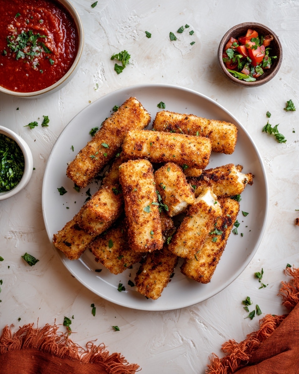 A white plate filled with about fifteen golden brown, crispy fried cheese sticks, garnished with small green herb pieces, arranged close together in the center of the plate. The cheese sticks have a crunchy texture with bits of melted white cheese slightly visible. Around the plate, there is a bunch of fresh bright green parsley on the white marbled surface, a bowl of smooth red sauce with green herbs on top, and a white bowl containing two halved red tomatoes. Some pieces of broken fried cheese sticks and chopped green herbs are scattered nearby. A woman's hand is slightly visible near the top edge. photo taken with an iphone --ar 4:5 --v 7