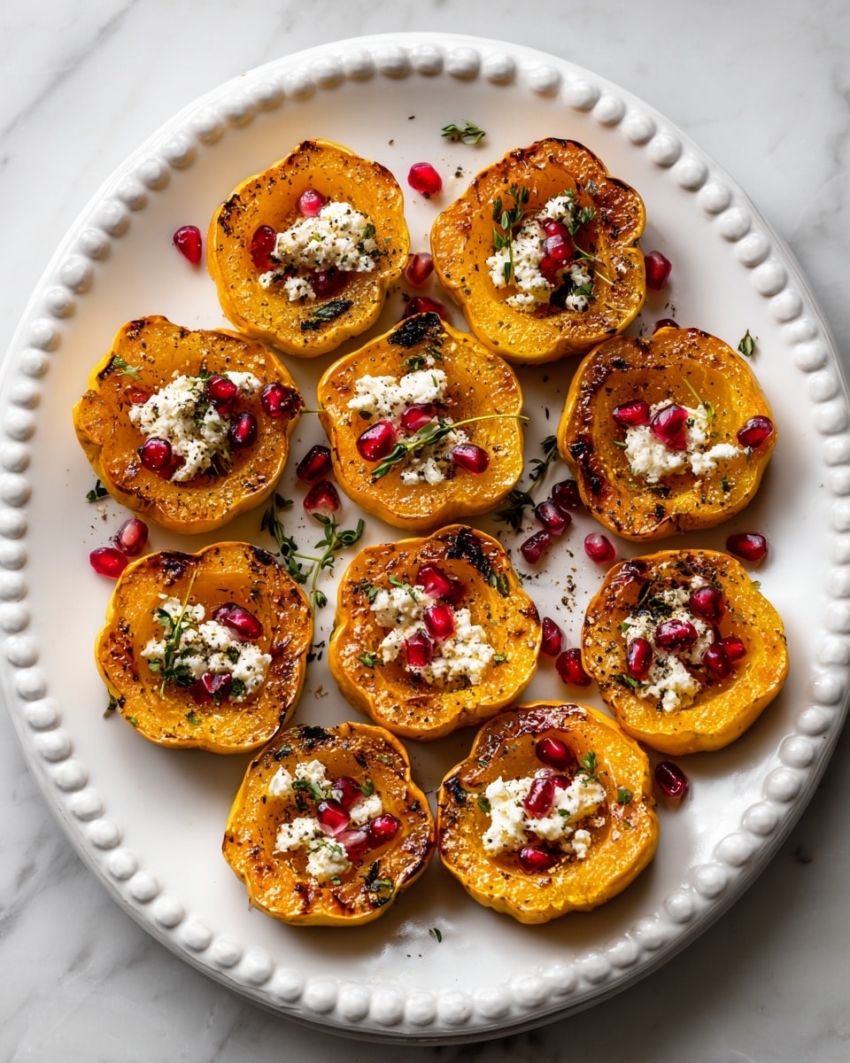 A white plate with small dots around the edge holds eleven halves of roasted orange squash arranged in a circle with one in the center. Each squash half has a soft, slightly browned surface with a few black pepper flakes. On top of each is a small pile of white crumbled cheese and bright red pomegranate seeds with some green herb leaves scattered on and around them. The plate sits on a white marbled surface. photo taken with an iphone --ar 4:5 --v 7