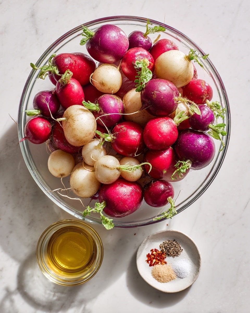 A clear glass bowl filled with many whole radishes in bright red, deep purple, and off-white colors, with some small green tops still attached, sits on a white marbled surface. To the bottom right of the bowl, there is a small white dish holding four small piles of spices: coarse salt, black pepper, red chili flakes, and a light beige powder. Below this dish, a small round clear glass container holds a golden yellow liquid, likely oil. The whole setup is clean and bright, with soft natural light illuminating the scene. photo taken with an iphone --ar 4:5 --v 7