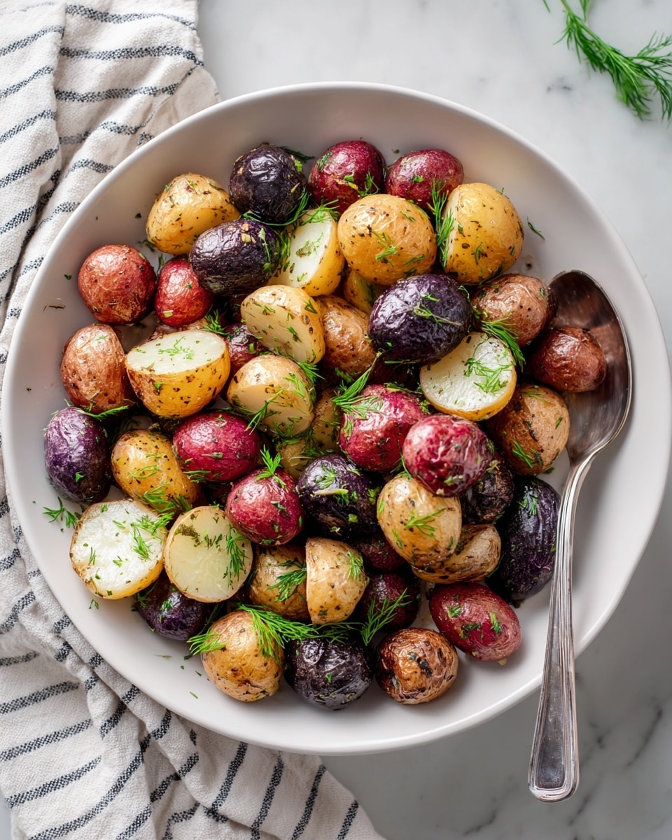 A white bowl filled with roasted small potatoes, cut in halves, showing their soft textures inside. The potatoes come in three colors: deep purple, bright red, and light tan, all with slightly wrinkled and roasted skins. Small green herb leaves are sprinkled over the potatoes, adding a fresh look. A silver spoon is placed inside the bowl on the right side. The bowl is set on a white marbled surface with part of a striped cloth visible on the left side. photo taken with an iphone --ar 4:5 --v 7