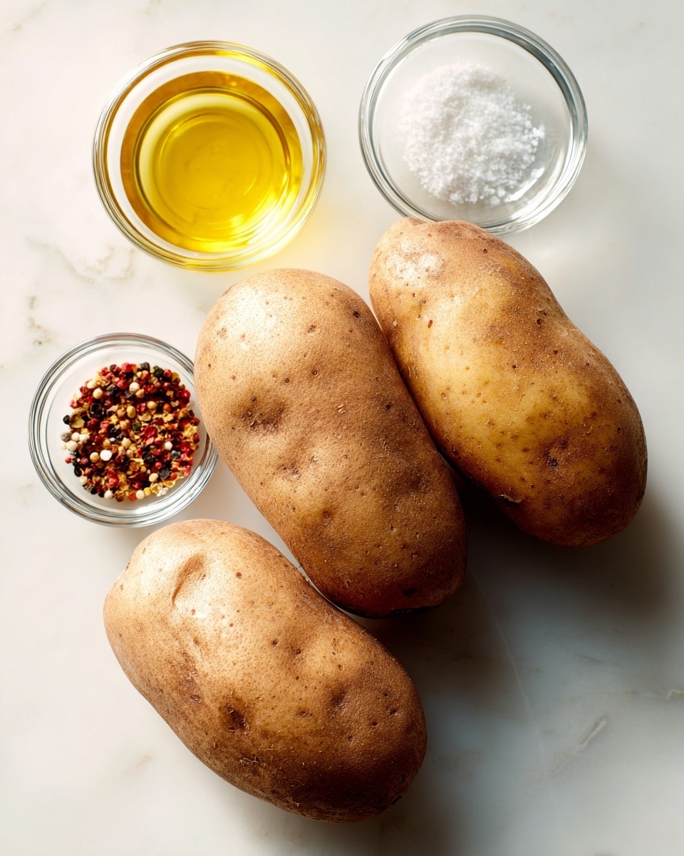 The image shows three large russet potatoes with a rough brown skin placed on a white marbled surface. Above the potatoes are three small clear glass bowls arranged in a loose triangle: one bowl contains a light yellow oil, another bowl holds white granulated salt, and the last one has a mix of red and black pepper flakes. The composition is simple and clean, with natural lighting highlighting the textures of the potatoes and seasonings. photo taken with an iphone --ar 4:5 --v 7