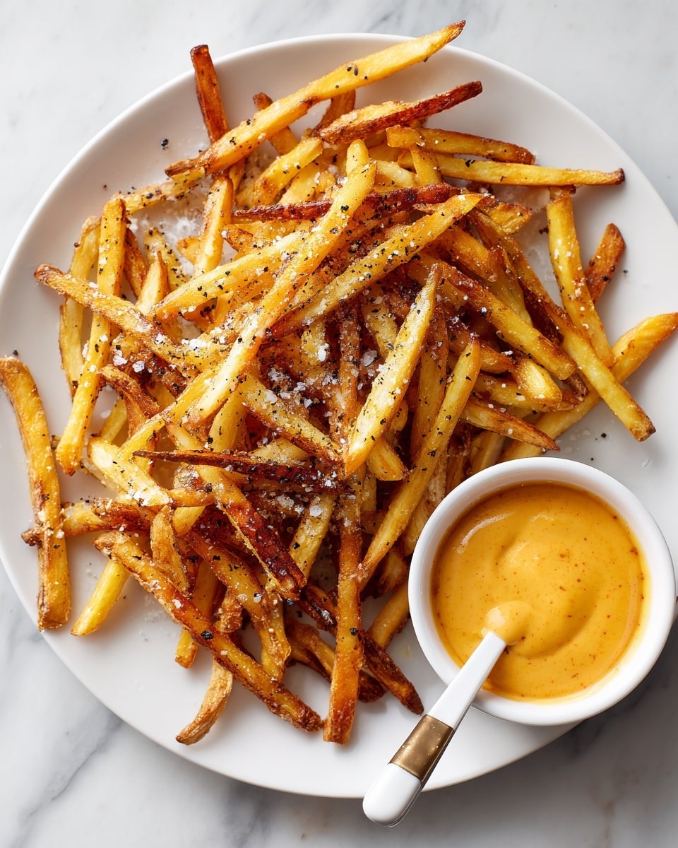 A white plate filled with many long, thin, golden-brown fries that have a slightly crispy texture and are sprinkled with black pepper and a light dusting of salt. On the right side of the plate is a small white bowl containing a creamy light orange dipping sauce with a smooth texture, and inside the sauce is a gold spoon with a white curved handle. The plate sits on a white marbled surface. photo taken with an iphone --ar 4:5 --v 7