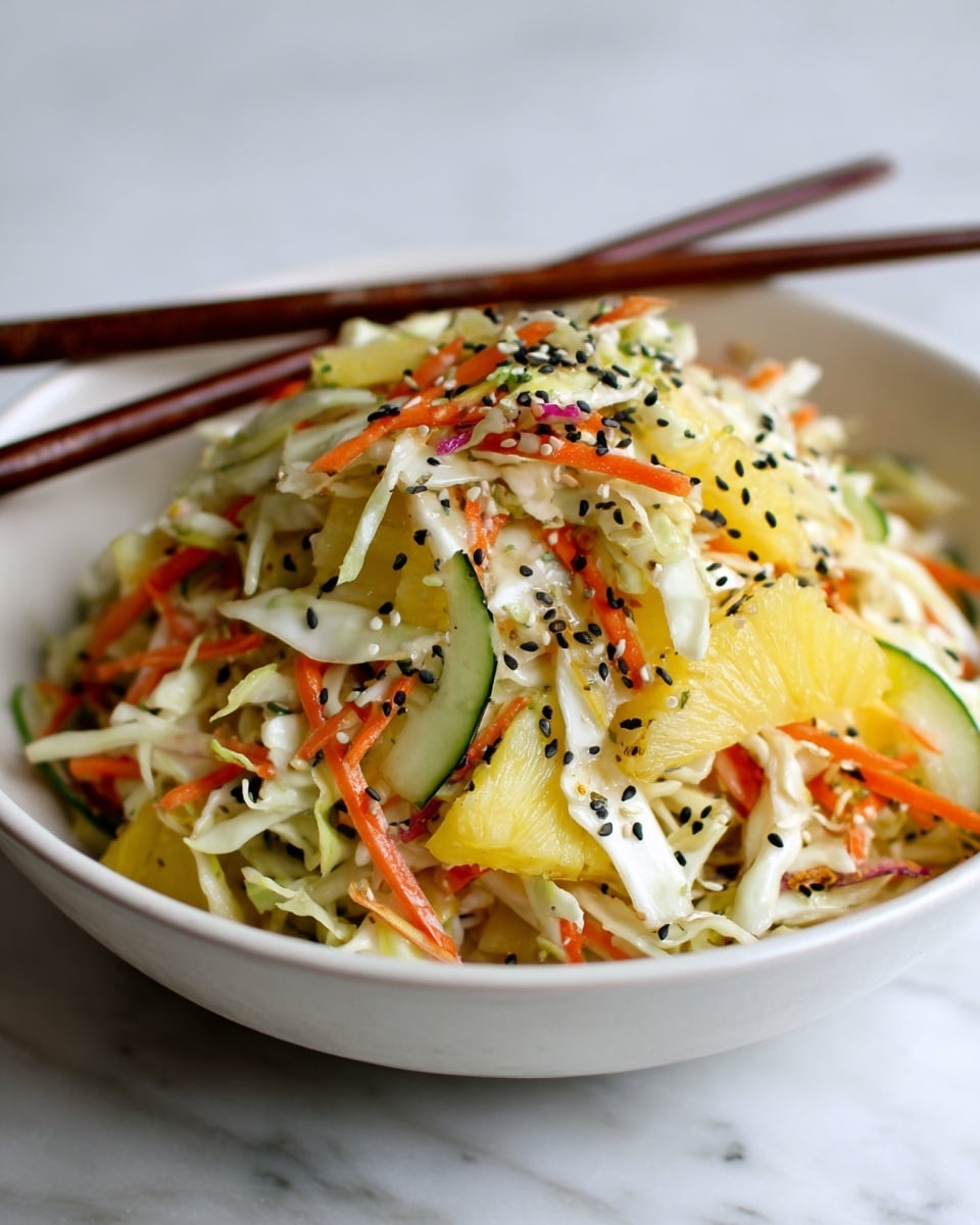 A white bowl holds a bright salad with many thin layers of light-colored shredded crab sticks, green cucumber strips, orange carrot sticks, and small pieces of yellow pineapple mixed together. The salad is sprinkled with both black and white sesame seeds on top. On the upper right edge of the bowl, a pair of dark brown wooden chopsticks rests, angled across the salad. All of this sits on a white marbled surface. photo taken with an iphone --ar 4:5 --v 7