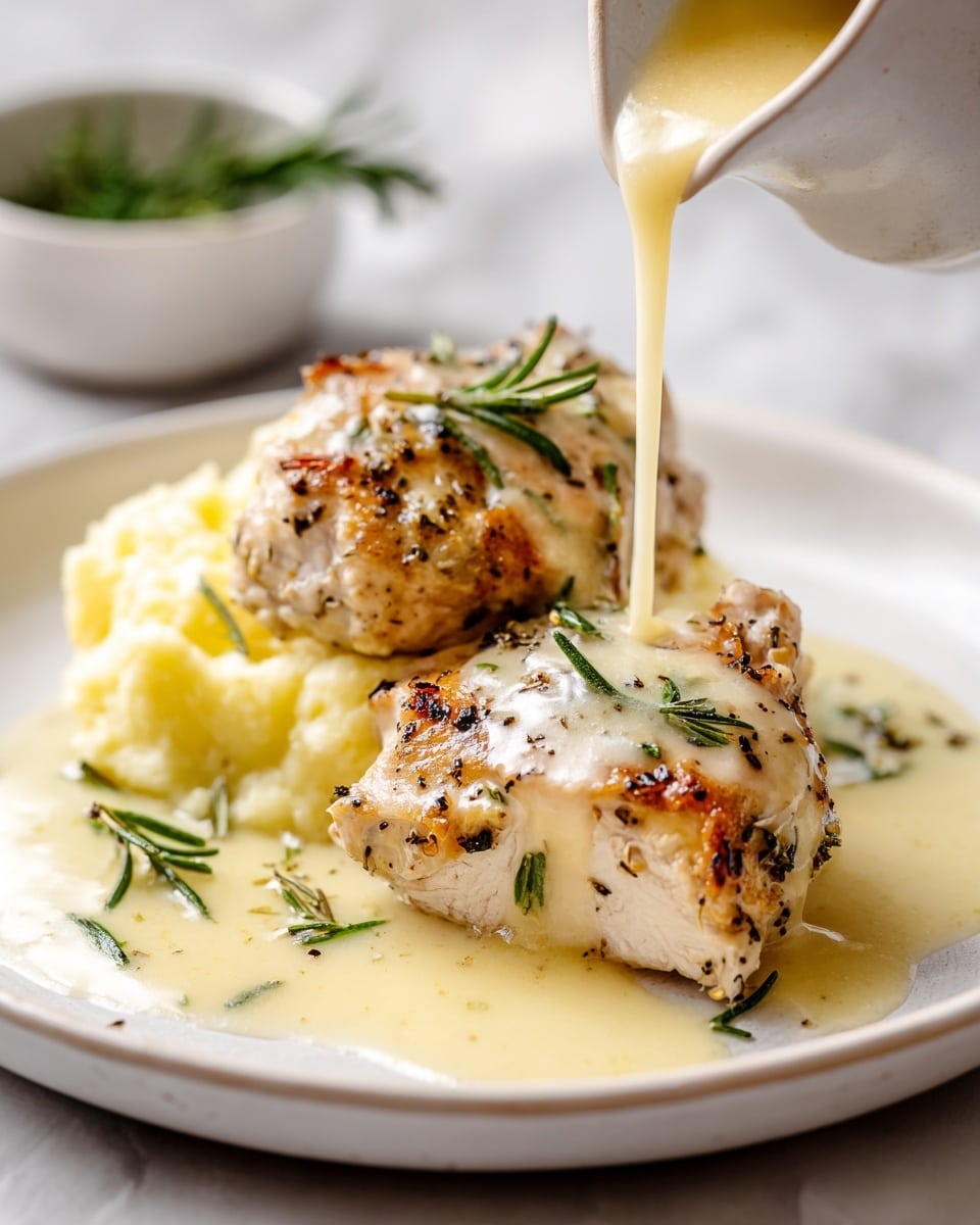 A white plate holds two golden-brown cooked chicken pieces with visible pepper and rosemary sprigs on top. On the left side of the plate, there is a creamy, pale yellow mashed potato mound with smooth, folded texture. Thick, light yellow sauce is being poured over the chicken from above, covering part of the chicken and some mashed potatoes. The plate sits on a beige and black checkered cloth on a white marbled surface. In the blurry background, there is a white plate with more of the creamy sauce and a white bowl with green herbs or rosemary inside. photo taken with an iphone --ar 4:5 --v 7