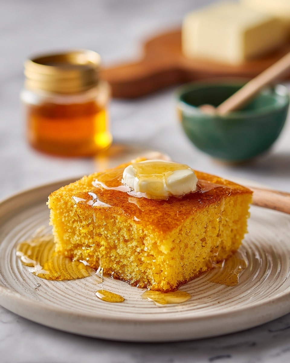 A thick square piece of yellow cornbread sits on a white plate with a raised dot border. On top, there is a dollop of pale yellow butter slowly melting, creating a shiny, soft layer. The cornbread's crumb texture looks moist and slightly crumbly, with golden brown edges. Next to the cornbread, on the left side of the plate, is a detailed silver fork with a shiny finish. The plate rests on a wooden table, with a small honey jar with a gold lid and a small green bowl with honey in the background. To the right, there is a wooden board with a large block of pale yellow butter partially sliced. The whole scene is on a white marbled surface. Photo taken with an iphone --ar 4:5 --v 7